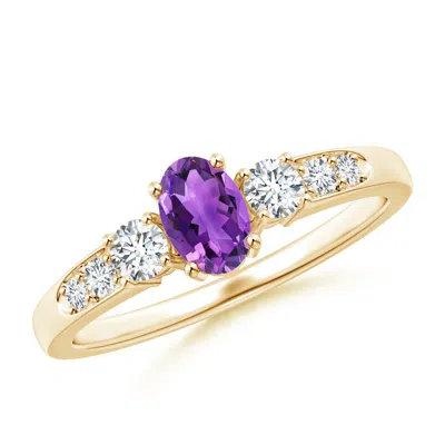Angara Three Stone Amethyst And Diamond Ring With Accents In Yellow Gold/medium Dark Purple