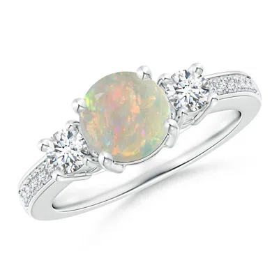 Angara Classic Three Stone Opal And Diamond Ring In Platinum/milky With High Play Of Colour