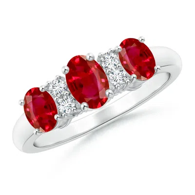 Angara Oval Three Stone Ruby Engagement Ring With Diamonds In White Gold/medium Red