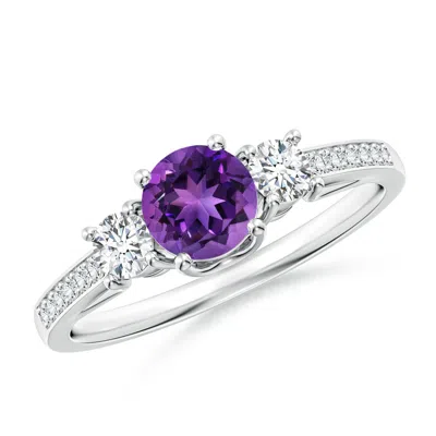 Angara Classic Prong Set Round Amethyst And Diamond Three Stone Ring In White Gold/dark Purple