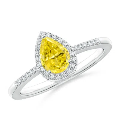 Angara Pear Lab-grown Fancy Intense Yellow Diamond Ring With Halo In White Gold/fancy Intense