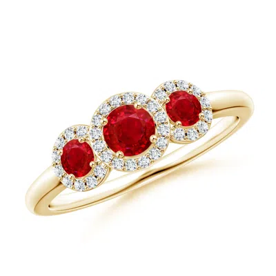 Angara Round Ruby Three Stone Halo Ring With Diamonds In Yellow Gold/medium Red