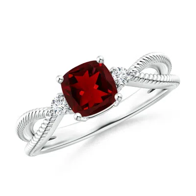 Angara Cushion Garnet Split Shank Ring With Rope Detailing In White Gold/rich Red