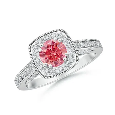 Angara Round Fancy Intense Pink Diamond Cushion Halo Ring With Milgrain In Metallic