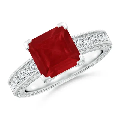 Angara Square Cut Ruby Solitaire Ring With Milgrain Detailing In White Gold/medium Pinkish Red