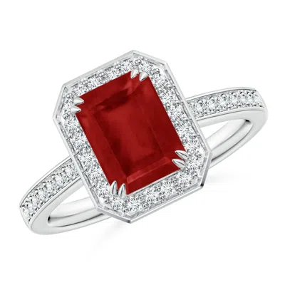 Angara Emerald-cut Ruby Engagement Ring With Diamond Halo In White Gold/medium Pinkish Red