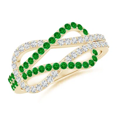 Angara Encrusted Emerald And Diamond Infinity Knot Ring In Yellow Gold/rich Green