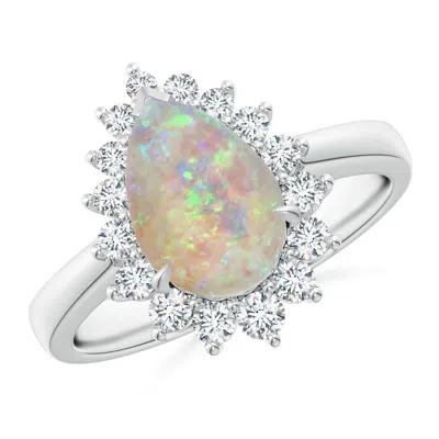 Angara Claw-set Pear Opal Ring With Diamond Halo In Platinum/milky With High Play Of Colour