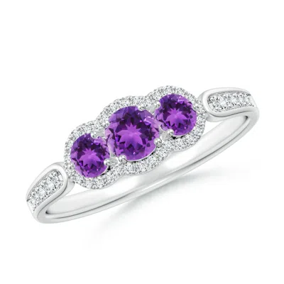 Angara Floating Three Stone Amethyst Ring With Diamond Halo In White Gold/medium Dark Purple