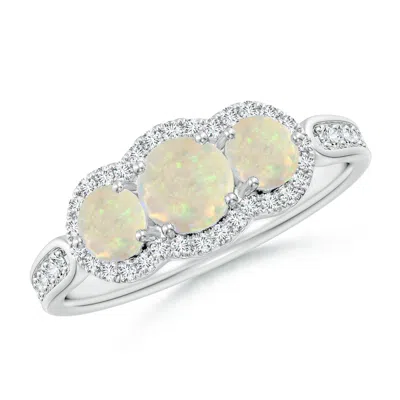 Angara Floating Three Stone Opal Ring With Diamond Halo In White Gold/milky With Medium Play Of Colour