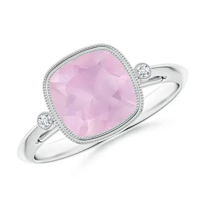Angara Bezel Set Cushion Rose Quartz Ring With Milgrain Detailing In White Gold/medium Pink