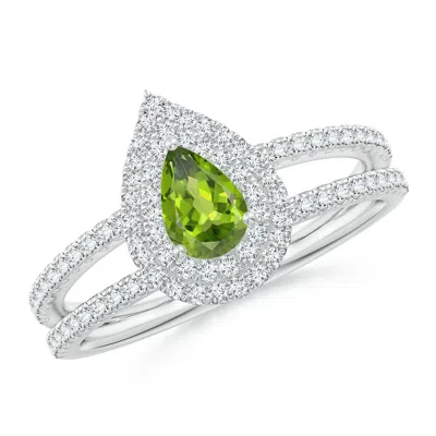 Angara Split Shank Pear Peridot And Diamond Double Halo Ring In White Gold/yellowish Green