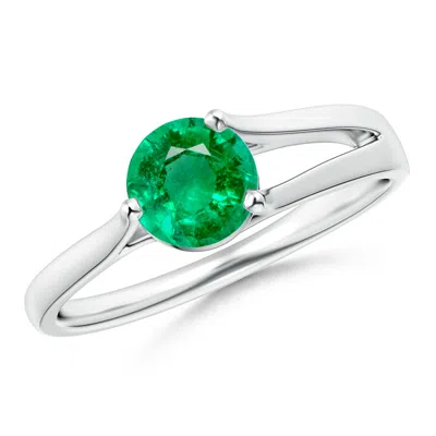 Angara One Sided Split Shank Round Emerald Solitaire Engagement Ring In White Gold/rich Medium Green