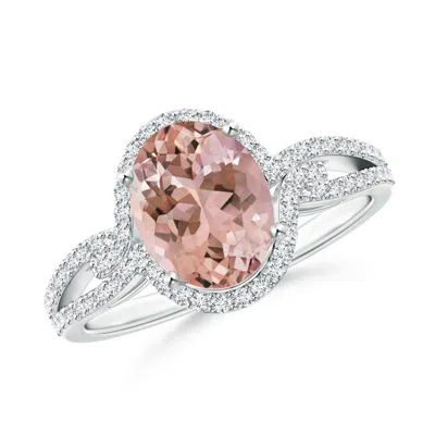 Angara Oval Morganite Split Shank Ring With Diamond Halo In White Gold/peachy Pink
