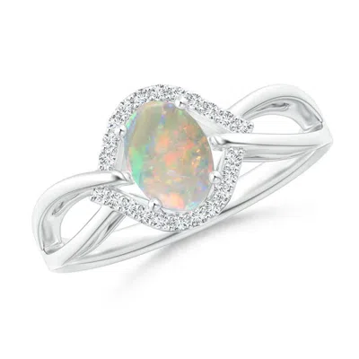 Angara Oval-shaped Opal Entangled Split Shank Ring With Diamond Halo In White Gold/milky With High Play Of Colour