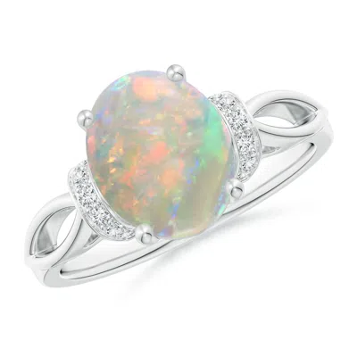 Angara Solitaire Opal Split Shank Ring With Diamonds In White Gold/milky With High Play Of Colour