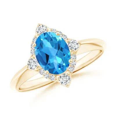 Angara Oval Swiss Blue Topaz Compass Ring With Diamond Halo In Yellow Gold/swiss Blue