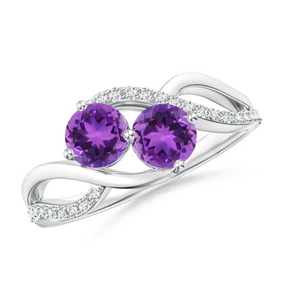 Angara Round Amethyst Two Stone Bypass Ring With Diamonds In White Gold/medium Dark Purple