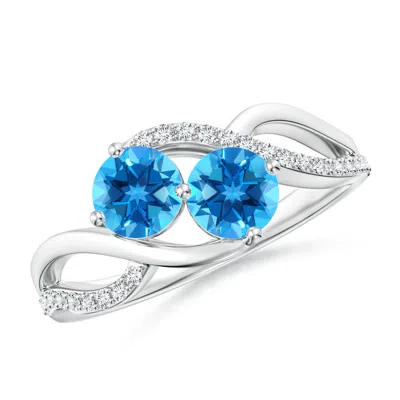 Angara Round Swiss Blue Topaz Two Stone Bypass Ring With Diamonds In White Gold/swiss Blue