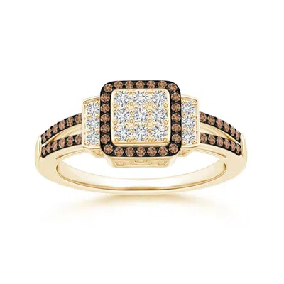 Angara Split Shank Brown And White Diamond Square Cluster Ring In Yellow Gold/fancy Dark Brown (c6)