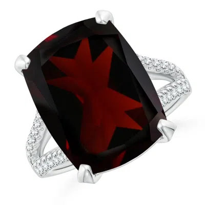 Angara Gia Certified Rectangular Cushion Garnet Split Shank Ring With Diamonds In White Gold/dark Red