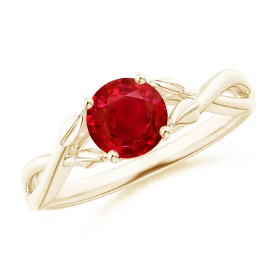 Angara Nature Inspired Ruby Crossover Engagement Ring With Leaf Motifs In Yellow Gold/medium Red