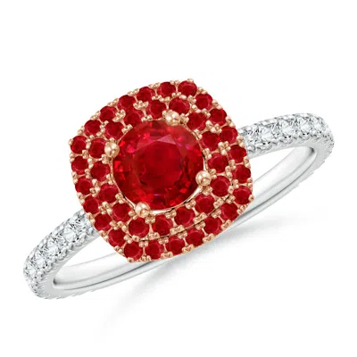 Angara Round Ruby Two Tone Ring With Double Halo In White & Rose Gold/medium Red
