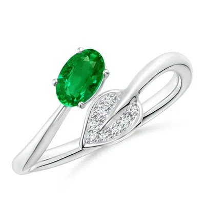 Angara Nature Inspired Emerald Bypass Ring With Diamond Leaf In White Gold/rich Green