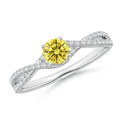 Angara Twist Shank Solitaire Round Lab-grown Fancy Intense Yellow Diamond Engagement Ring In White Gold/fancy Intense