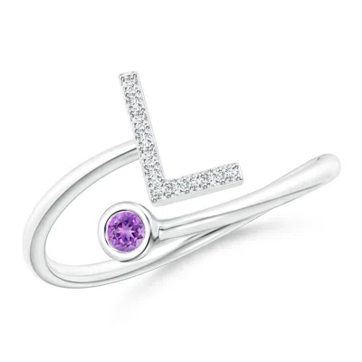 Angara Capital "l" Diamond Initial Ring With Bezel-set Amethyst In White Gold/dark Purple