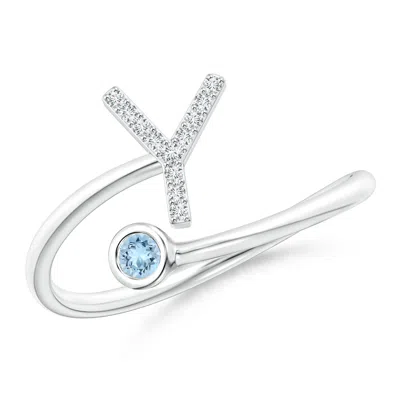 Angara Capital "y" Diamond Initial Ring With Bezel-set Aquamarine In White Gold/light Swiss Blue