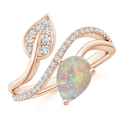 Angara Opal And Diamond Bypass Ring With Leaf Motif In Rose Gold/milky With High Play Of Colour