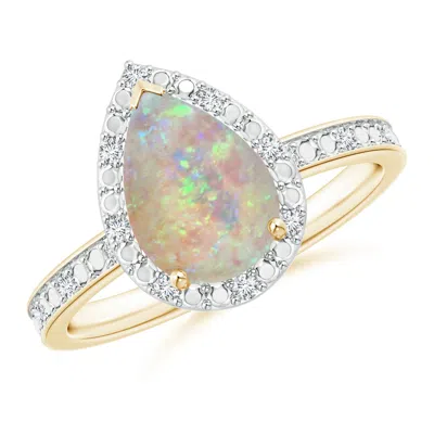Angara Prong-set Pear-shaped Opal Ring With Beaded Halo In Yellow Gold/milky With High Play Of Colour