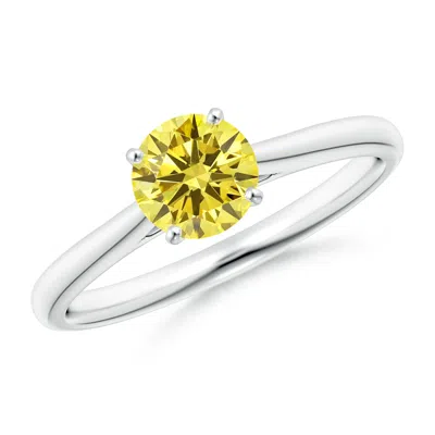 Angara Round Lab-grown Fancy Intense Yellow Diamond Tapered Cathedral Solitaire Engagement Ring In White Gold/fancy Intense
