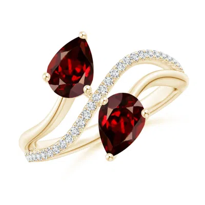 Angara Pear-shaped Garnet Two-stone Bypass Ring In Yellow Gold/rich Red