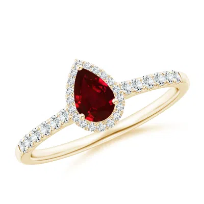 Angara Pear-shaped Ruby Halo Engagement Ring In Yellow Gold/deep Rich Red