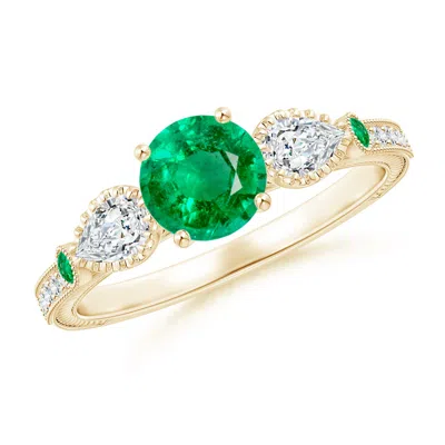 Angara Aeon Vintage Style Emerald And Diamond Three Stone Engagement Ring With Milgrain In Yellow Gold/rich Medium Green