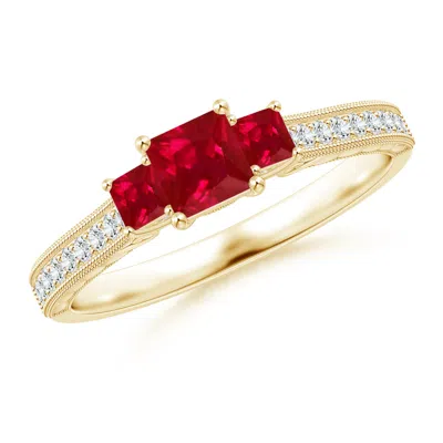 Angara Aeon Vintage Style Square Ruby Three Stone Engagement Ring With Milgrain In Yellow Gold/medium Red