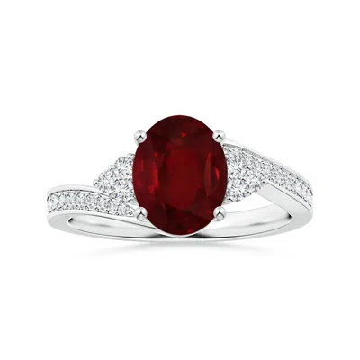 Angara Gia Certified Oval Ruby Bypass Ring With Side Diamonds In White Gold/medium Red