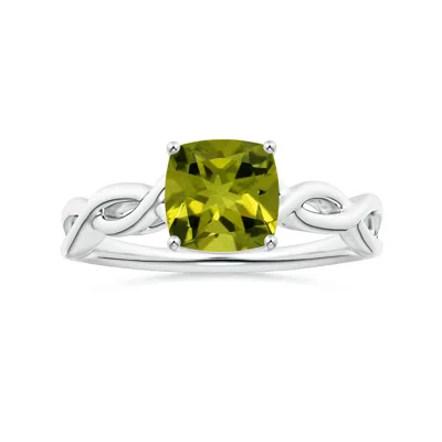 Angara Prong-set Gia Certified Solitaire Cushion Peridot Twisted Shank Ring In White Gold/medium Yellowish Green