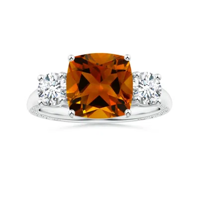 Angara Three Stone Gia Certified Cushion Citrine Tapered Ring With Scrollwork In White Gold/golden