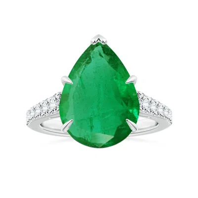 Angara Claw-set Gia Certified Pear-shaped Emerald Tapered Shank Ring With Diamonds In White Gold/medium Green