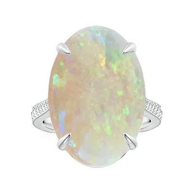 Angara Claw-set Gia Certified Solitaire Oval Opal Reverse Tapered Shank Ring With Leaf Motifs In White Gold/milky With Medium Play Of Colour