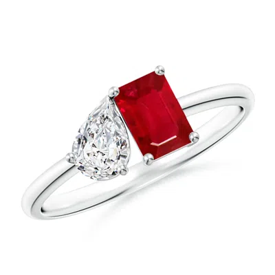 Angara Classic Two-stone Emerald-cut Ruby & Pear Diamond Ring In White Gold/medium Red