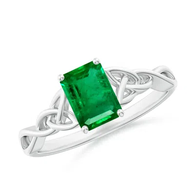 Angara Lab-grown Emerald-cut Emerald Celtic Knot Engagement Ring In White Gold/rich Medium Green