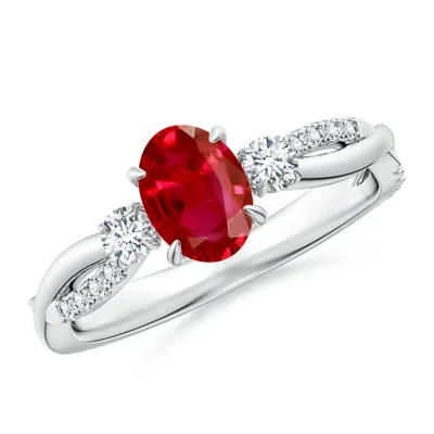 Angara Three Stone Oval Ruby & Round Diamond Engagement Ring In White Gold/medium Red
