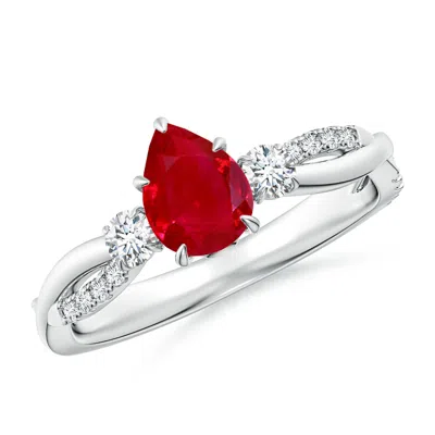 Angara Three Stone Pear Ruby & Diamond Engagement Ring In White Gold/medium Red