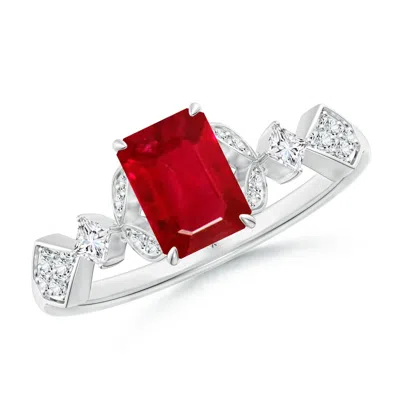 Angara Vintage Style Emerald-cut Ruby Engagement Ring With Leaf Motifs In White Gold/medium Red
