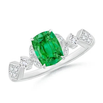 Angara Vintage Style Cushion Rectangular Emerald Engagement Ring With Leaf Motifs In White Gold/rich Medium Green