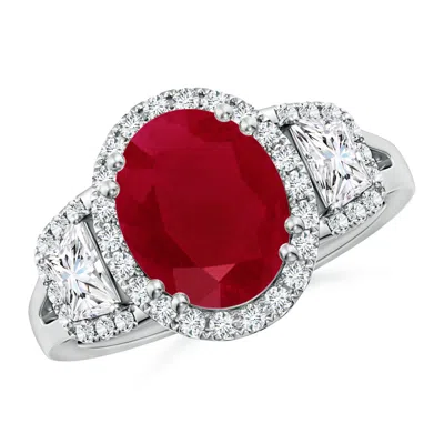 Angara Three Stone Oval Ruby And Trapezoid Diamond Halo Engagement Ring In White Gold/medium Pinkish Red